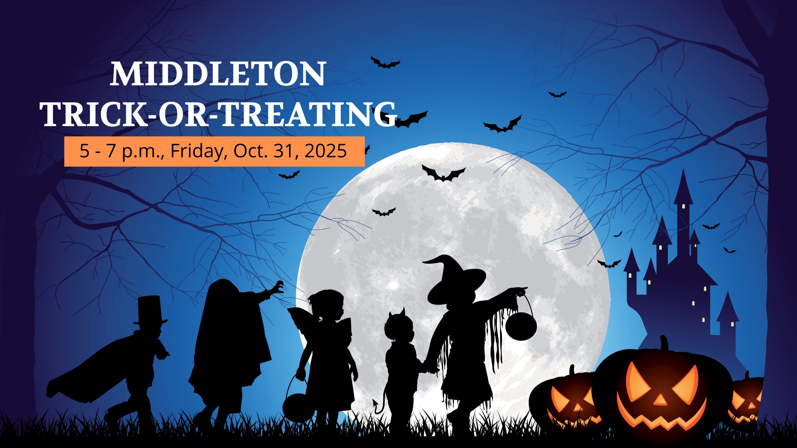 Silhouettes of children in costumes trick-or-treating against a moonlit backdrop, with jack-o'-lanterns and a castle. Event text: "Middleton Trick-or-Treating, 5-8 p.m., Thursday, Oct. 31, 2024.
