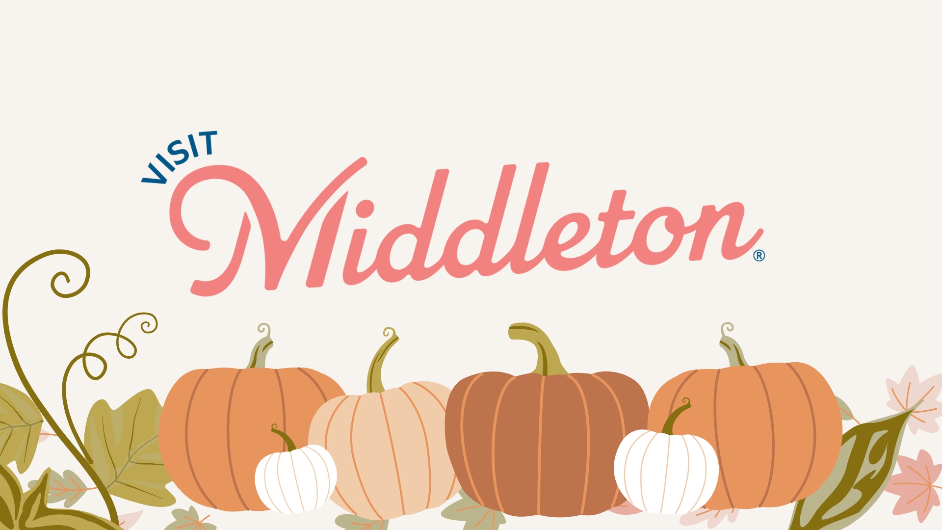 Illustration of pumpkins, leaves, and flowers below the words “Visit Middleton” in pink script on a light background.