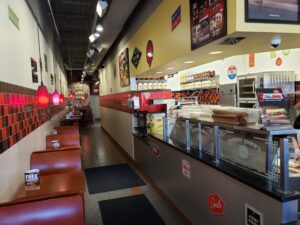 a fast food restaurant with red and yellow walls