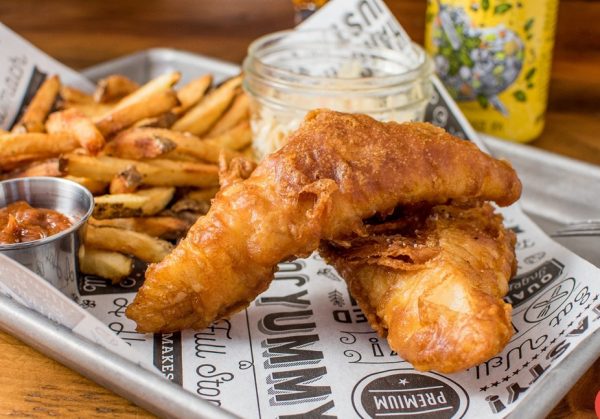 Longtable Beer Cafe: platter showing the beer-battered fish fry and frites