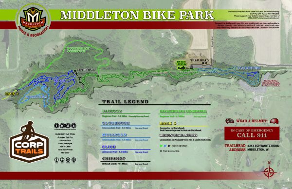 Map of Middleton Bike Park with color-coded trails, a legend, emergency contact information, and park details.