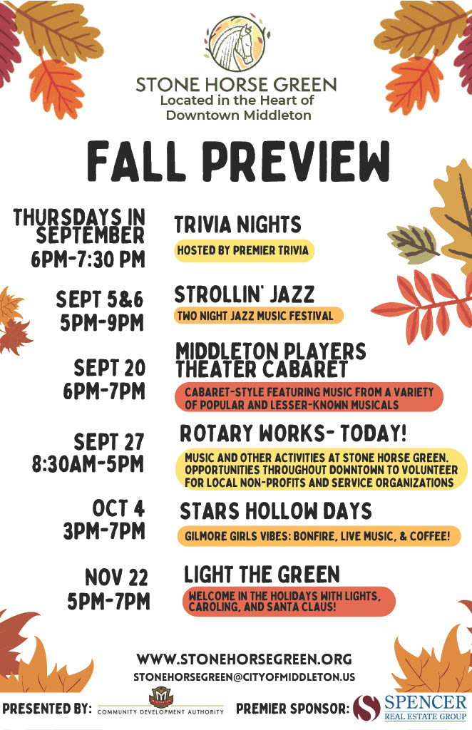 Event flyer highlighting Stone Horse Green’s fall preview activities in the community green space, featuring trivia, jazz, theater, music, and holiday celebration—with dates and times from September through November.