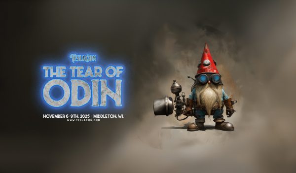 A gnome with a red hat and goggles holding a large wrench stands beside text promoting "Teslacon: The Tear of Odin," a steampunk event unfolding the mystery of Kraken Island, on November 6-9, 2025, in Middleton, WI.